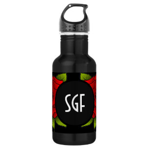 Schwarze Wasserflasche mit rotem Rosenblumenmuster