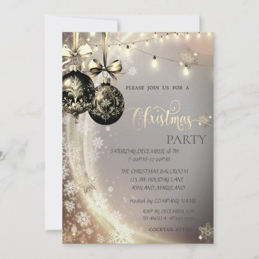 Schwarze Weihnachtsbälle, String-Lichter, Schneefl Einladung (Vorderseite)