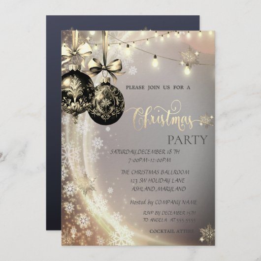 Schwarze Weihnachtsbälle, String-Lichter, Schneefl Einladung (Vorne/Hinten)