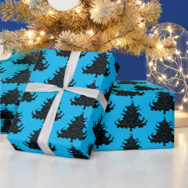 Schwarze Weihnachtsbaumen Muster Blau Geschenkpapier