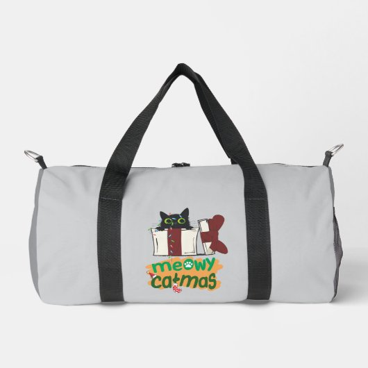 Schwarze Weihnachtskatze in Weihnachtsbaumleuchten Duffle Bag (Vorderseite)