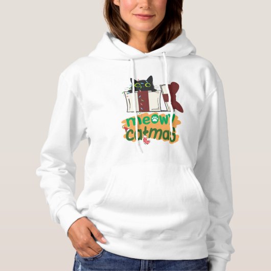 Schwarze Weihnachtskatze in Weihnachtsbaumleuchten Hoodie (Vorderseite)