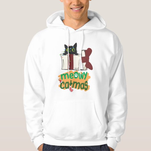 Schwarze Weihnachtskatze in Weihnachtsbaumleuchten Hoodie (Vorderseite)