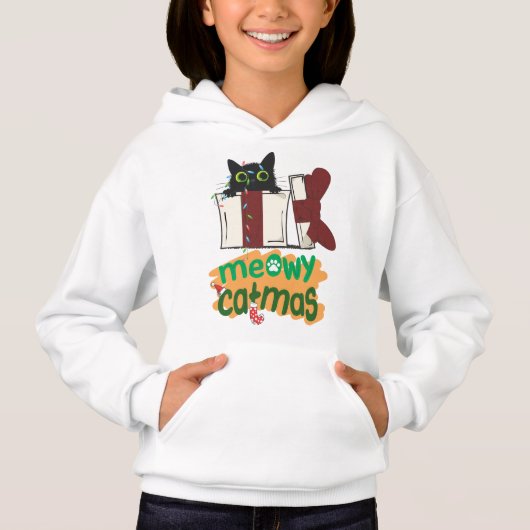 Schwarze Weihnachtskatze in Weihnachtsbaumleuchten Hoodie (Vorderseite)