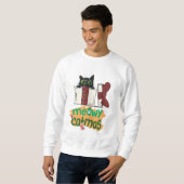 Schwarze Weihnachtskatze in Weihnachtsbaumleuchten Sweatshirt (Vorne ganz)