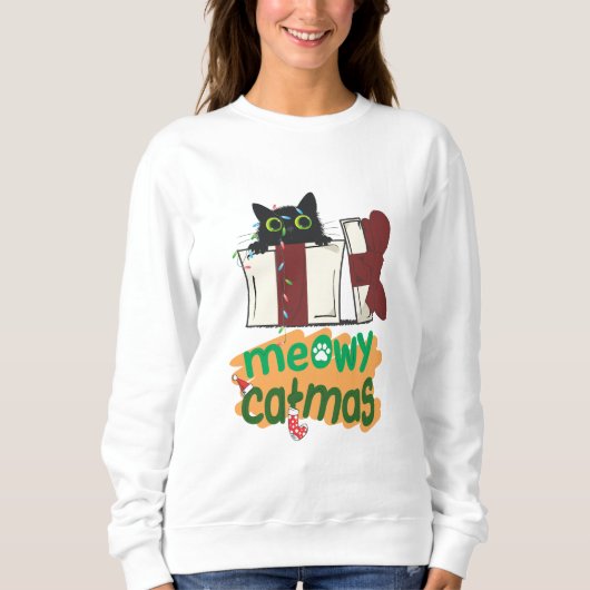Schwarze Weihnachtskatze in Weihnachtsbaumleuchten Sweatshirt (Vorderseite)
