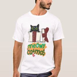 Schwarze Weihnachtskatze in Weihnachtsbaumleuchten T-Shirt