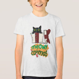 Schwarze Weihnachtskatze in Weihnachtsbaumleuchten Tri-Blend Shirt