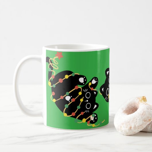 Schwarze Weihnachtskatze Kaffeetasse (Mit Donut)