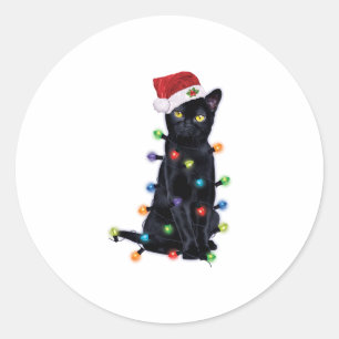 Schwarze Weihnachtsmann-Katze mit Weihnachtslichte Runder Aufkleber