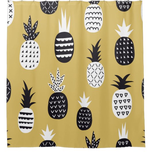 Schwarze, weiße Ananas, gelber Hintergrund Duschvorhang (Vorderseite)