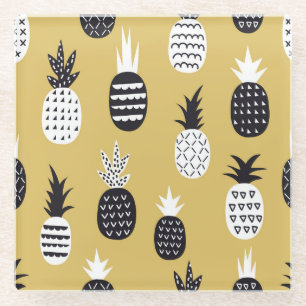 Schwarze, weiße Ananas, gelber Hintergrund Glasuntersetzer