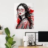 Schwarze Weiße Asiatische Frauen zeichnen Poster (Heimbüro)
