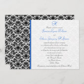 Schwarze, weiße, blaue Damast Hochzeitseinladung Einladung (Vorne/Hinten)