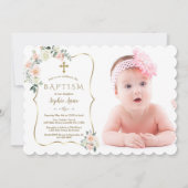 Schwarze weiße Blume Goldrahmen Foto Taufe Einladung (Vorderseite)