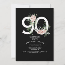 Schwarze & Weiße Elegante Rosa Rose 90. Einladung