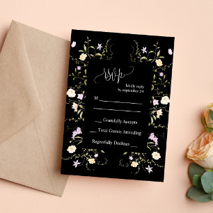 Schwarze & Weiße elegante Wildblumen-Hochzeit-RSVP Einladung