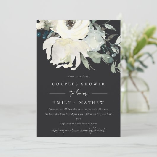 SCHWARZE, WEISSE FLORA-WASSERFARBEN-KUPPLUNG EINLADUNG (Stehend Vorderseite)