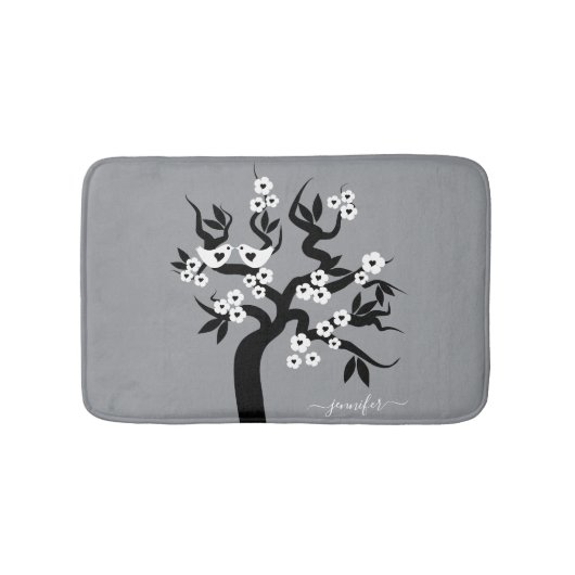 Schwarze, weiße Liebesvögel Kirschbaum, Blüten gra Badematte (Vorderseite)
