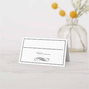 Schwarze weiße minimalistische Flourish-Hochzeitsp Platzkarte