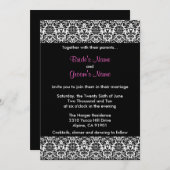 Schwarze/weiße/rosa Damast-Hochzeits-Einladung Einladung (Vorne/Hinten)