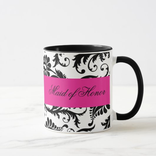 Schwarze, weiße, rosa Damast-Trauzeugin-Tasse Tasse (Rechts)