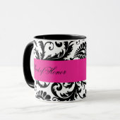 Schwarze, weiße, rosa Damast-Trauzeugin-Tasse Tasse (Vorderseite Links)