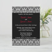 Schwarze/weiße/rote Damast-Hochzeits-Einladung Einladung (Stehend Vorderseite)