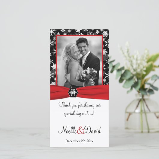 Schwarze, weiße, rote Schneeflocken Hochzeitsfotok Dankeskarte (Stehend Vorderseite)