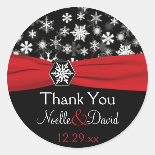 Schwarze, weiße, rote Schneeflocken Hochzeitsticke Runder Aufkleber (Vorderseite)