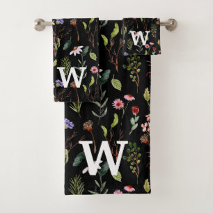 schwarze weiße und rosa Wildblumen-Wasserfarbe-Mon Badhandtuch Set