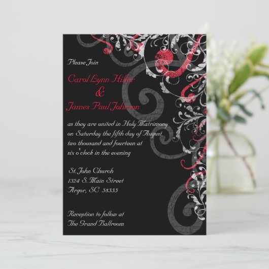 Schwarze, weiße und rote Hochzeits-Einladung Einladung (Stehend Vorderseite)