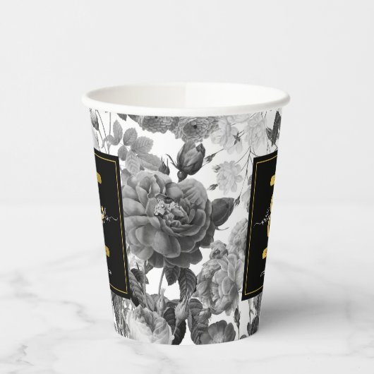 Schwarze, weiße, Vintage Blütenmonogramm Pappbecher (Links)
