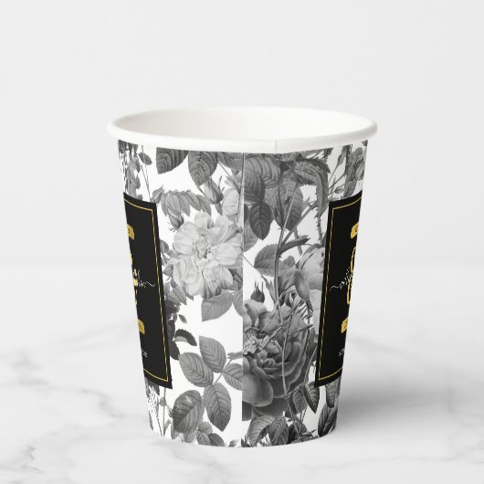 Schwarze, weiße, Vintage Blütenmonogramm Pappbecher (Rechts)