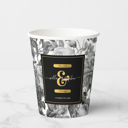 Schwarze, weiße, Vintage Blütenmonogramm Pappbecher (Vorderseite)