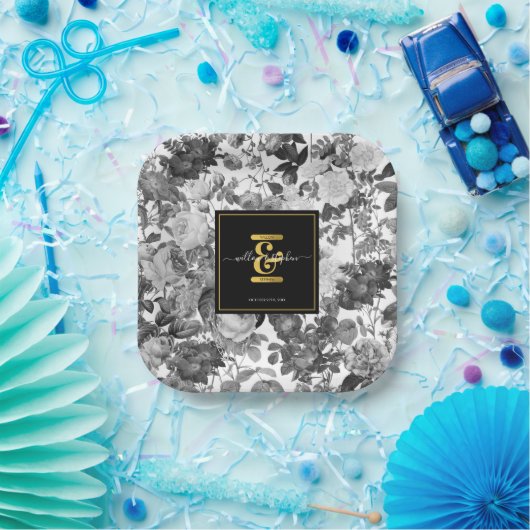 Schwarze, weiße, Vintage Blütenmonogramm Pappteller (Party)