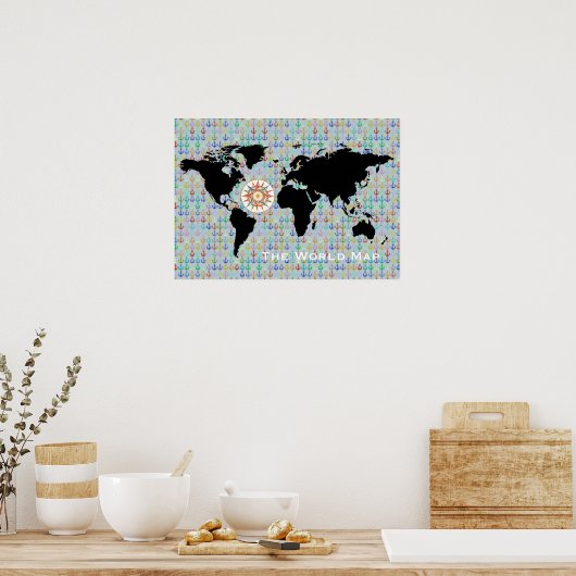 Schwarze Weltkarte, Anker und Kompass-Rose Poster (Küche)