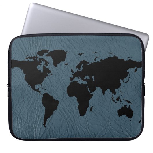 Schwarze Weltkarte ~ blaues Leder Laptopschutzhülle (Vorderseite)