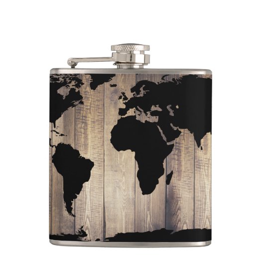 Schwarze Weltkarte Rustikale Holzplanks Flachmann (Vorderseite)