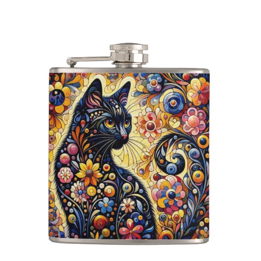 Schwarze Whimsikkatze Abstrakte Blumenmalerei Kuns Flachmann (Vorderseite)
