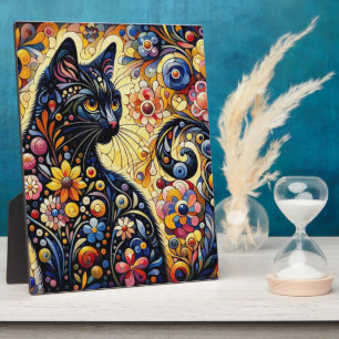 Schwarze Whimsikkatze Abstrakte Blumenmalerei Kuns Fotoplatte