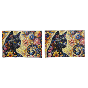 Schwarze Whimsikkatze Abstrakte Blumenmalerei Kuns Kissenbezug