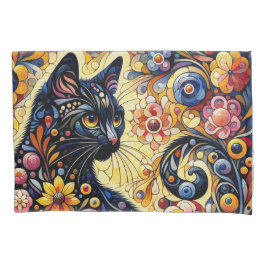 Schwarze Whimsikkatze Abstrakte Blumenmalerei Kuns Kissenbezug
