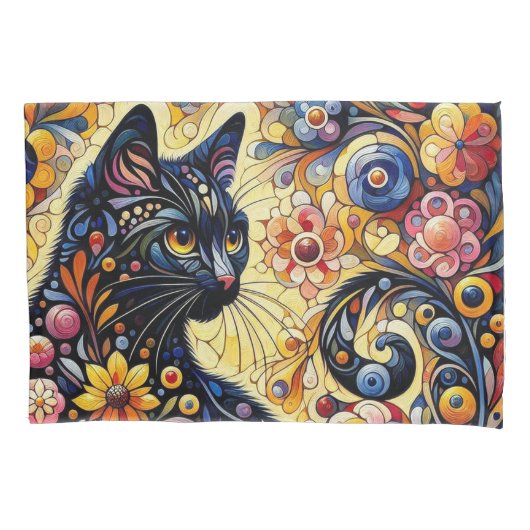 Schwarze Whimsikkatze Abstrakte Blumenmalerei Kuns Kissenbezug (Vorderseite-Links)