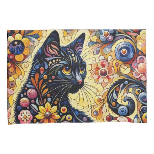 Schwarze Whimsikkatze Abstrakte Blumenmalerei Kuns Kissenbezug (Vorderseite-Rechts)