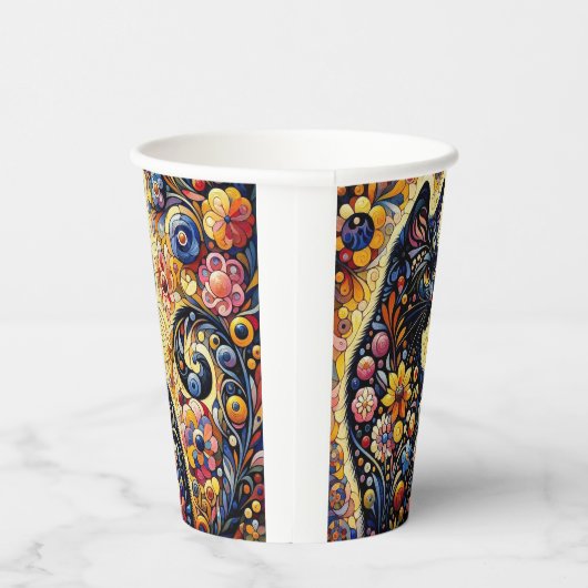 Schwarze Whimsikkatze Abstrakte Blumenmalerei Kuns Pappbecher (Rechts)