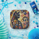 Schwarze Whimsikkatze Abstrakte Blumenmalerei Kuns Pappteller (Party)