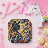 Schwarze Whimsikkatze Abstrakte Blumenmalerei Kuns Pappteller (Party)