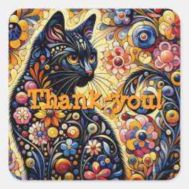 Schwarze Whimsikkatze Abstrakte Blumenmalerei Kuns Quadratischer Aufkleber