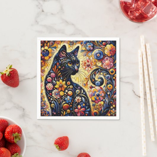 Schwarze Whimsikkatze Abstrakte Blumenmalerei Kuns Serviette (Beispiel)